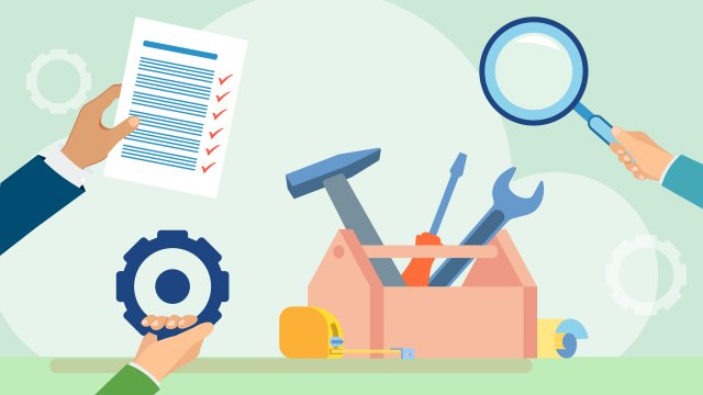 A graphic showing a toolbox, magnifying glass, a gear, and a checklist.