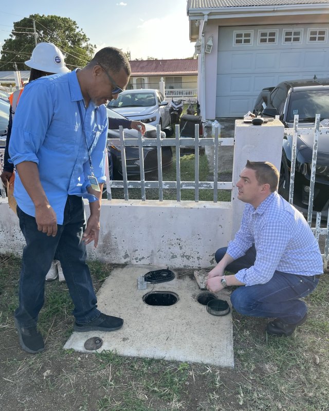 Director of Water Distribution Don Gregoire briefs Regional Administrator Michael Martucci on drinking water challenges in a local St. Croix community as part of his assessment of regulatory matters in the U.S. Virgin Islands.