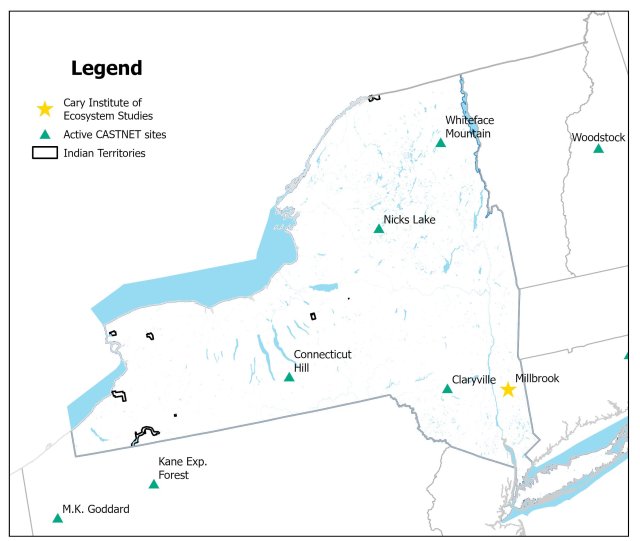 Map of Cary Institute of Ecosystem Studies site with other NY CASTNET sites