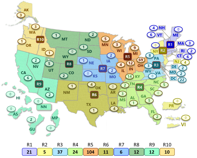 Map of the United States showing the number of workshop participants for state and territory.
