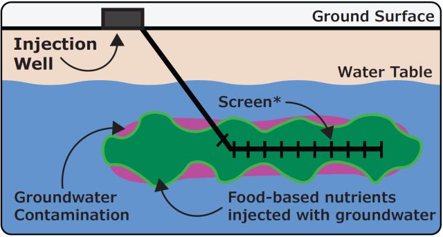 Visual of the treatment process where an injection well pumps food-based nutrients into contaminated groundwater.