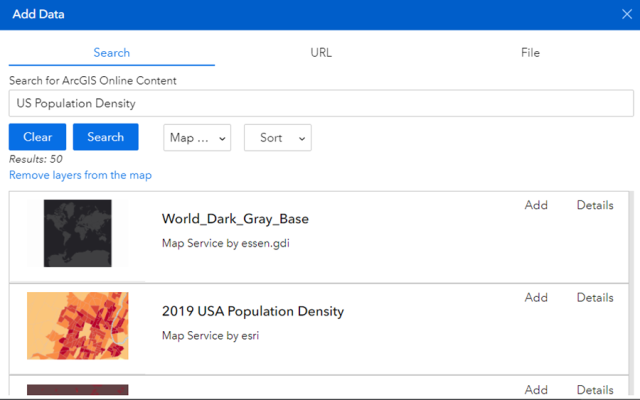 The "Add Data" box, showing options to search, use a URL, or use a file to add data to the map.