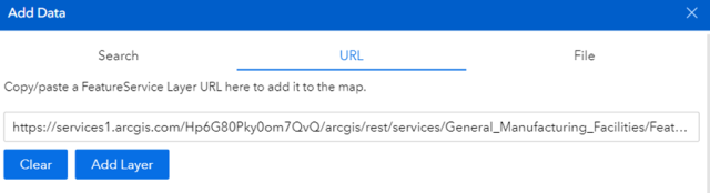 The add data modal, focused on the "URL" option for adding data.