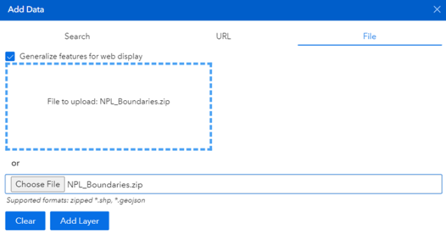 Add Data modal, focused on the "File upload" option.