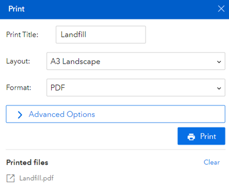 image displaying the print options available in the mapping tool, including layout, format, and advanced options.
