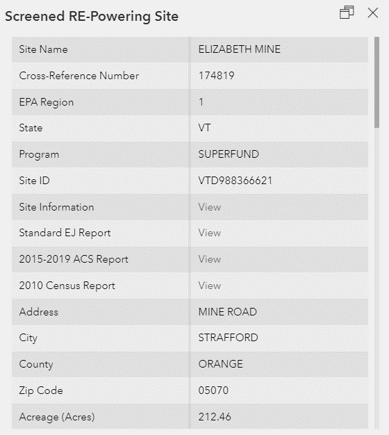 Sample screenshot of the Screened RE-Powering Site Pop-up