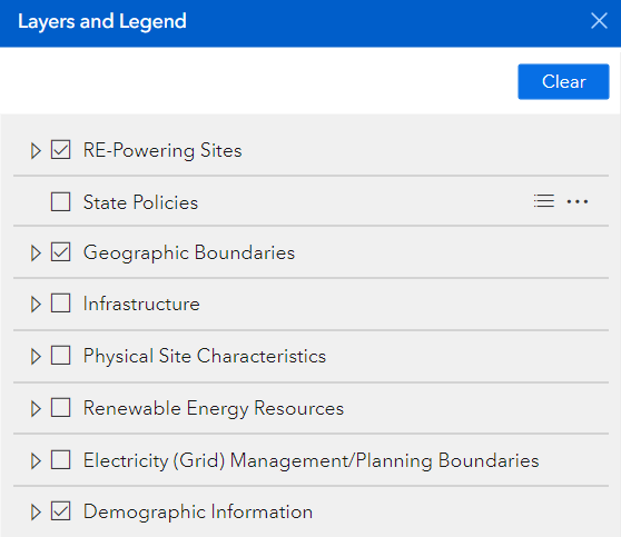 The "Layers and Legend" panel, showing a list of available categories.
