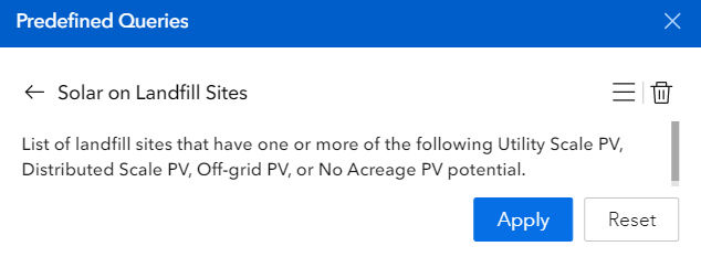An example of a pre-defined query description. The "Apply" and "Reset" buttons are visible.