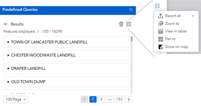 The predefined query results panel, highlighting the actions button.