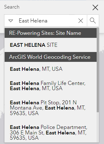 Screenshot of the search tool, showing results for "East Helena"