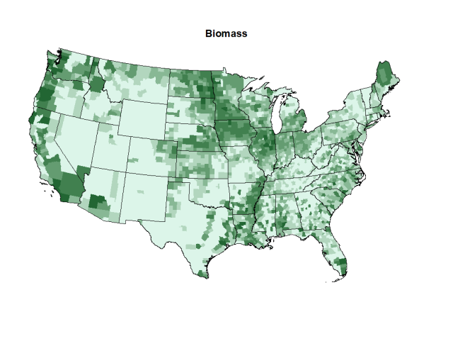 Map showing the biomass energy potential across Continental United States