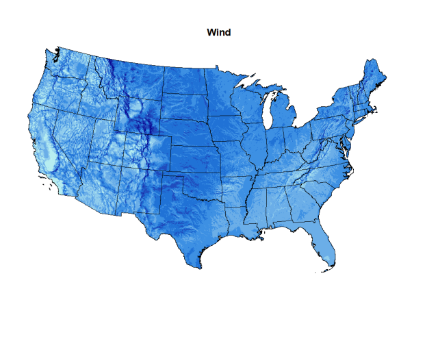 Map showing the wind energy potential across Continental United States
