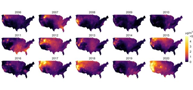 Year-to-year variability in wildfire smoke in the US as reflected by daily average wildfire specific PM2.5 concentrations from 2006 to 2020. As the years progress the amount of smoke has increased as well as the extent of the country impacted