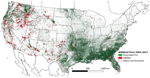 Map of the United States (US) indicating the extent of acreage burned due to prescribed fire (green) and wildfire (red). Nationally, prescribed fire is most prominent in the Southeast and wildfire in the Western US