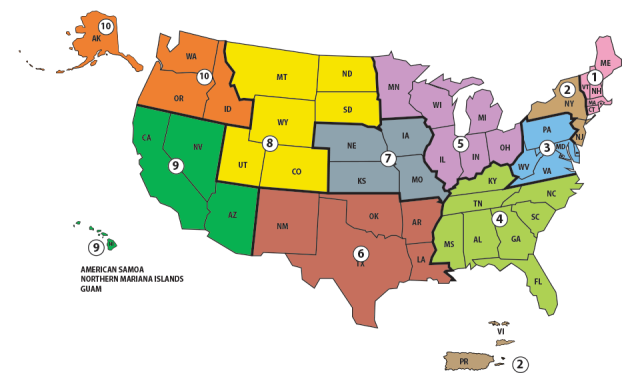 map showing how the US is divided into ten EPA regional offices. 