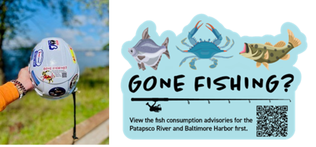 Stickers that read "Gone fishing? View the fish consumption advisories for the Patapsco River and Baltimore Harbor first." with a QR code.