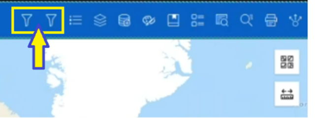 Screenshot shows two filter buttons identified by a yellow box and yellow arrow