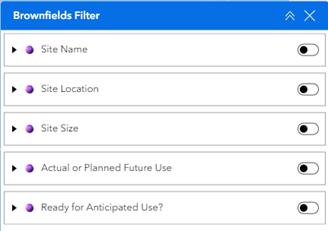 screenshot shows Brownfields filter with toggle buttons for site name, location, size, etc.