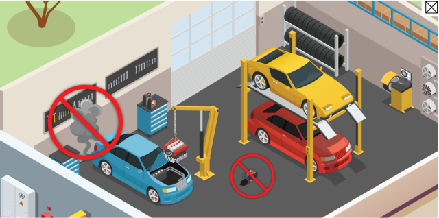 A school auto shop with cars and prohibition signs over vehicle exhaust and spilled oil. 