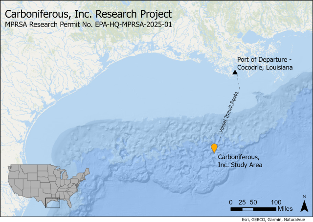 Map of Carboniferous, Inc. Research Project study area and transit route; details provided in caption.
