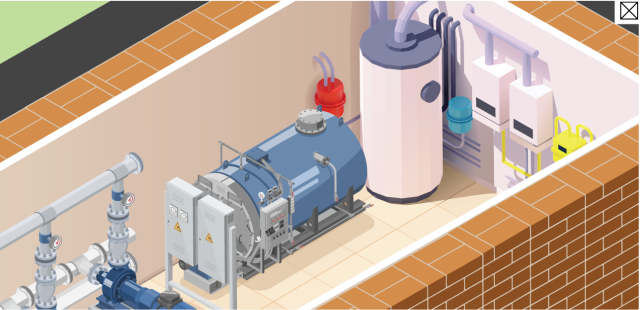 A boiler and water heater in a school utility room