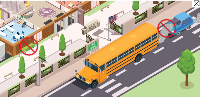 A school bus in front of a school with prohibition signs over vehicle exhaust and vegetation against the walls of the school.