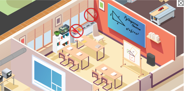 A classroom with desks and prohibition signs over drafty windows and clutter on the unit ventilator