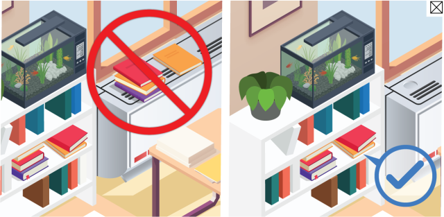 A prohibition sign over books stacked on a classroom unit ventilator and a checkmark over books properly stored in a bookshelf