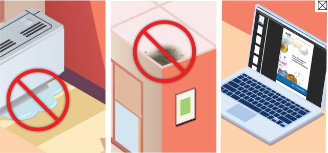 Prohibition signs over a leak under a unit ventilator and mold in a ceiling tile. A laptop screen displaying EPA's mold guidance. 