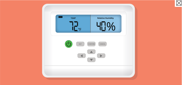 A thermostat in a classroom displaying 72 degree Fahrenheit and 40% relative humidity