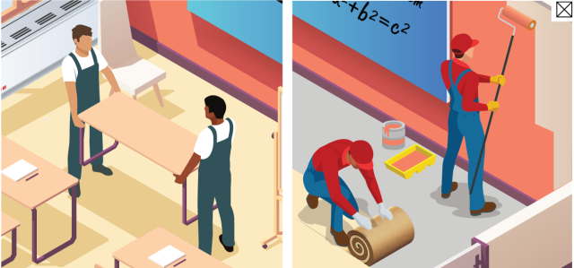 People installing furniture and flooring and also painting walls in a classroom 