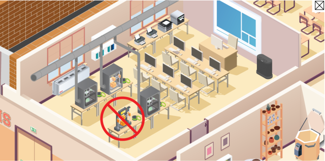 A school computer room with a prohibition sign over an unvented 3D printer