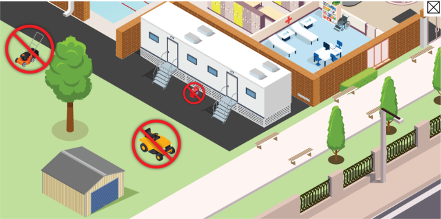 The exterior of a school showing a portable classroom and prohibition signs over unattended lawn equipment