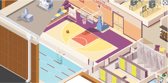 A school gym, pool, and locker room shown from above