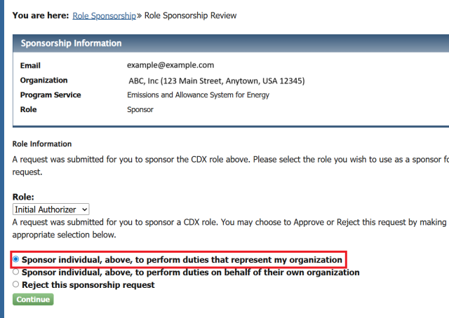 Image shows the options a user will have to select from when approving a sponsorship approval request via CDX. A red box is highlighting the option the user should select, option 1, which states "Sponsor individual, above, to perform duties that represent my own organization".