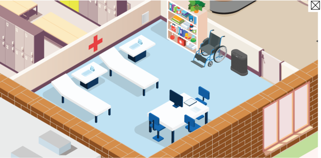 A school nurse's office with beds, a computer, and a portable air cleaner