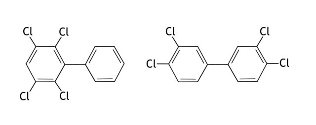 Tetrachlorobiphenyl homologs 2,3,5,6-Tetrachlorobiphenyl (left) and 3,3’,4,4’-Tetrachlorobiphenyl (right).