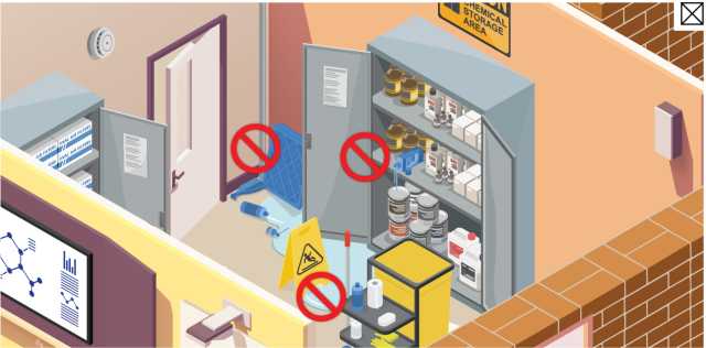 A utility closet with prohibition signs over spilled water, loose HVAC filters on the floor, and spilled chemicals.
