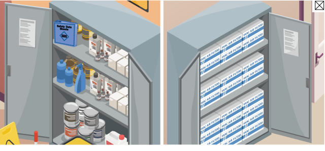 Storage cabinets in a utility closet holding chemicals, a safety data sheet binder, and spare HVAC filters