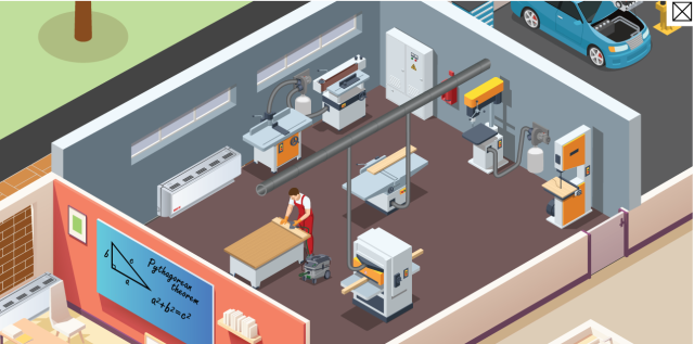A school woodworking shop with a table saw, band saw, and other equipment