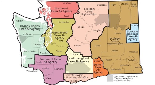 Map showing jurisdiction by county for clean air agencies in Washington.
