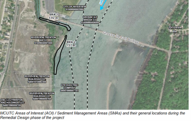 Map displays MCUTC&nbsp;Sediment Management Areas. Landmarks Grosse Ile Toll Bridge which crosses the Detroit River, Grosse Ile&nbsp;East&nbsp;and the Riverview Trenton Railroad Company to the West.&nbsp;&nbsp; 