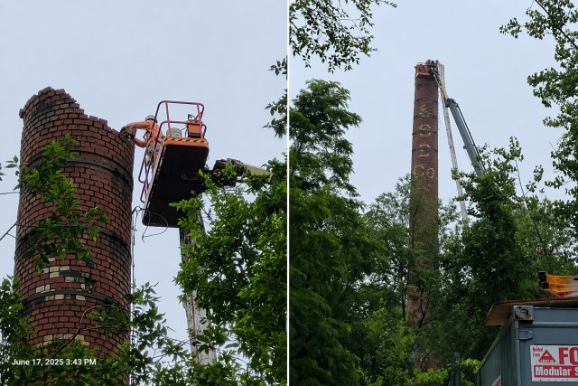EPA crews dismantle a deteriorating smokestack brick by brick at the former Allied Textile Printing site next to Quarry Lawn Park in Paterson.