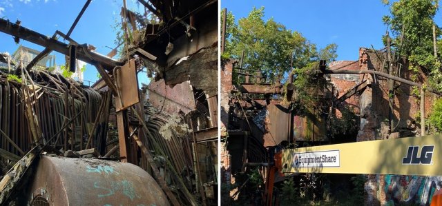 Interior and exterior views of unstable building sections at the former Allied Textile Printing site adjacent to Quarry Lawn Park.