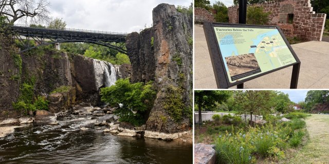 Composite image of Quarry Lawn Park in Paterson, New Jersey, featuring the Passaic River and waterfall, a historical site marker, and landscaped areas reopened to the public following EPA cleanup work.