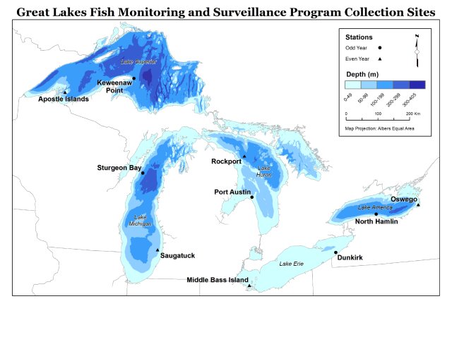 A Map showing popular fish collection site amongst great lakes. 