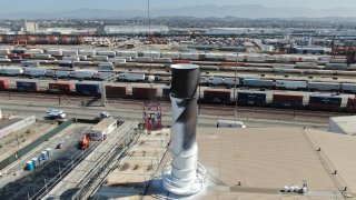 Aerial photograph of Segment 2 stack being painted.