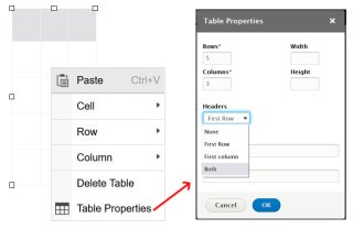 Table properties menu