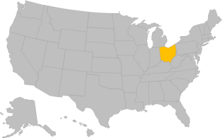 A map of the US with all states shaded gray. The state of Ohio is highlighted in yellow.