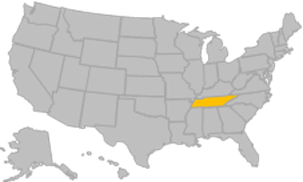 A map of the US with all states shaded gray. The state of Tennessee is highlighted in yellow.